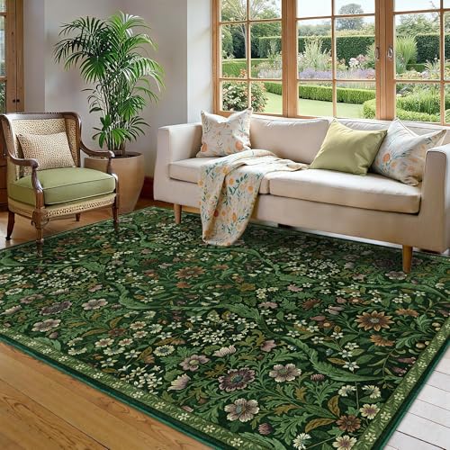 Dark Green Floral Area Rug 6x9 Washable Botanical Carpet for Living Room