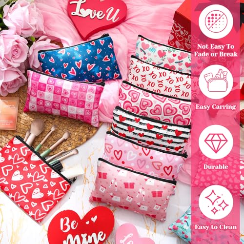 Meanplan 24 Pcs Valentine's Day Cosmetic Bags Heart Love Makeup Bags Travel Zipper Cosmetic Organizer Valentine's Day Gift for Women and Girls 24 Styles