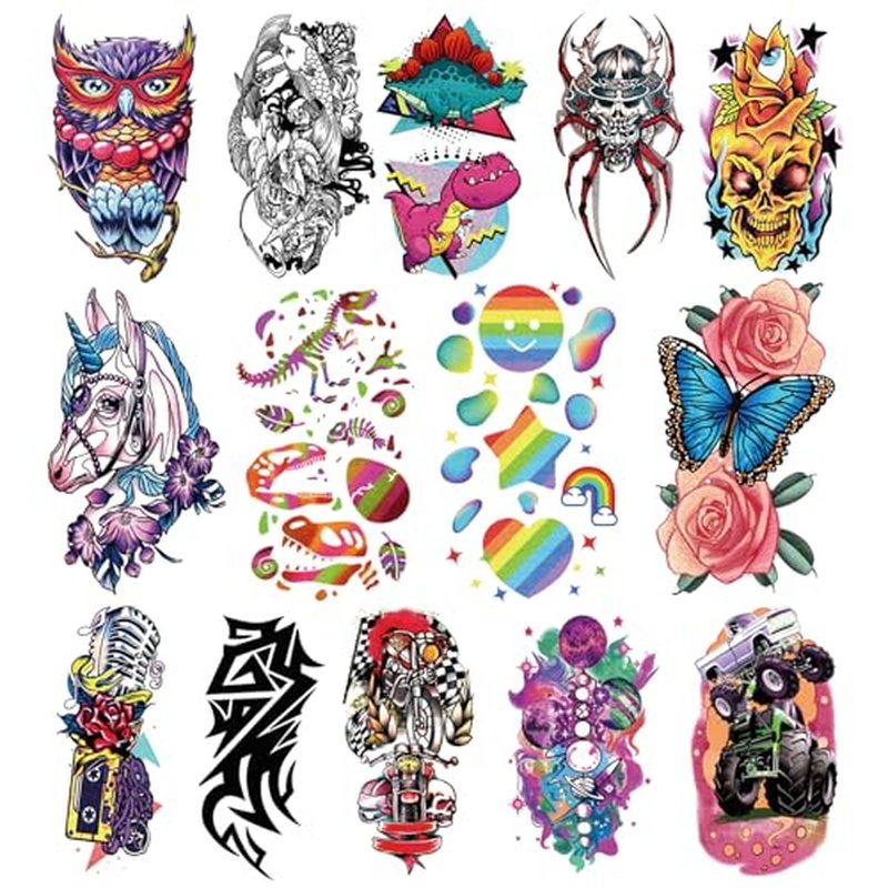 52 PCS Temporary Tattoos for Kids Full Arm Sleeve Fake Tattoos, Dinosaur Monster Car Planet Spider Shark Sticker for Boy, Princess Castle Dolphins Temporary Tattoos for Girl