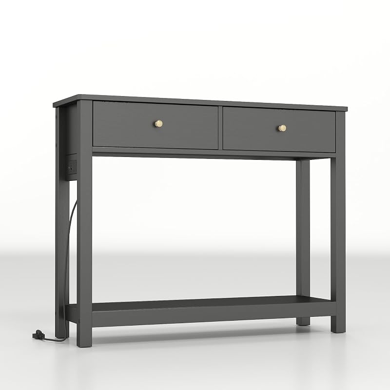 Gizoon Black Sofa Table with Outlets & USB Ports - 39" Wide, 2 Drawers