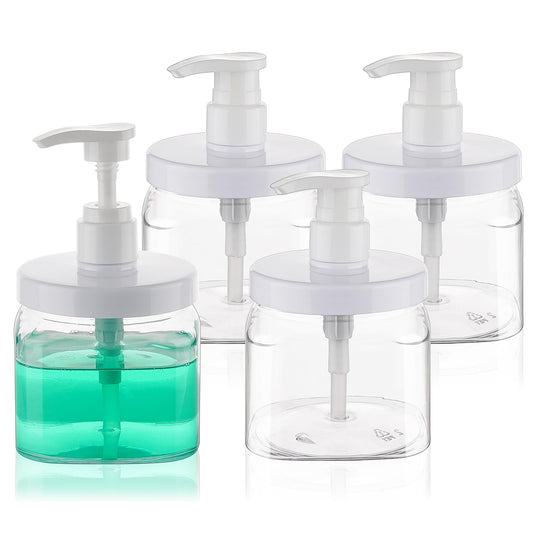 Decorniqu Pump Bottle Dispenser 4 Pack 550ml/18.6oz Lotion Dispenser Wide Mouth Plastic Refillable Lotion Pump Bottles Empty Bathroom Shower Containers for Hand Wash Shampoo Conditioner(Clear)