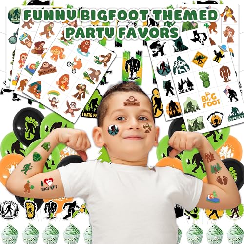 96 PCS Funny Bigfoot Jungle Sasquatch Giant Pre-Cut Temporary Tattoos for Kids | Super Cute Themed Birthday Party Favors, Supplies, Decorations, Monster Fake Tattoo Stickers, Gifts For Boys & Girls