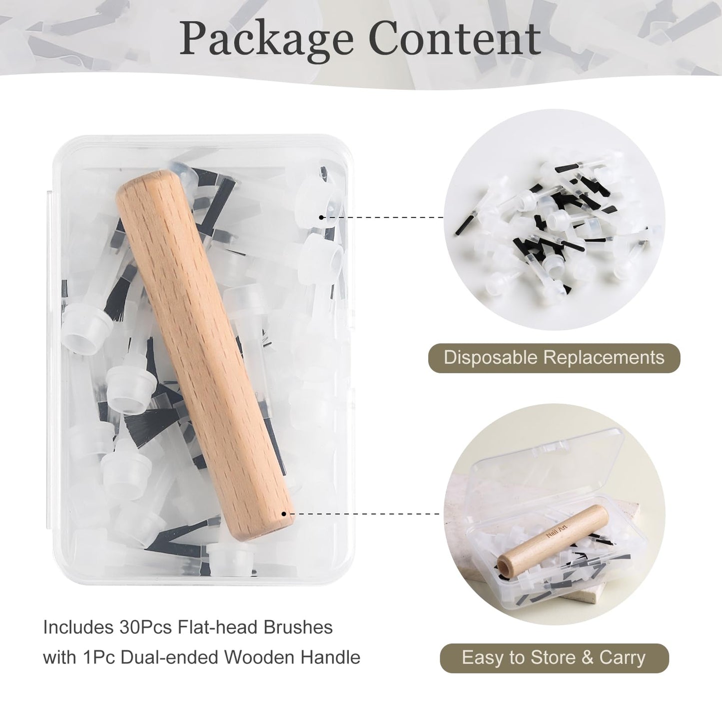 SUTOKAKA Disposable Replacement Nail Polish Brush Kit 30Pcs Dipping Powder Liquid Brushes Soft Bristles with Dual-Ended Wooden Handle for Nail Design Home Salon