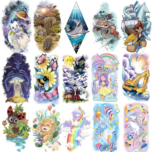 EMOME Full Half Tattoo Sleeves for Kids, 66 Sheets Tattoos Temporary for Girls Boys, Space Donut Mermaid Themed Fake Tattoos Stickers for Kids Party Favors Supplies