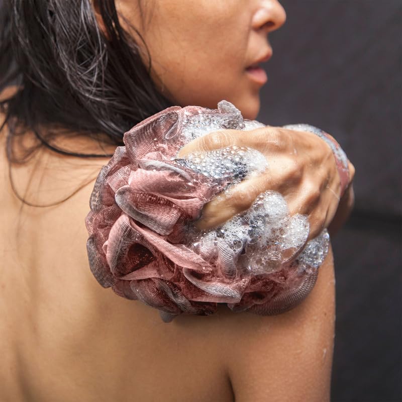 Toem Loofah Back Scrubber for Shower | Bamboo Charcoal Fiber Infused | Loufas for Men & Women | Includes 1 Long Handled Shower Sponge, 1 Bath & Shower Luffa Pouf & 1 Hook to Hang Stuff (Rose Pink)