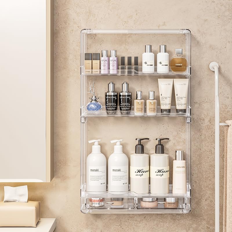 Wall Acrylic Display Shelves with Dividable Bins - Multi-Tier Bathroom & Kitchen Organizer