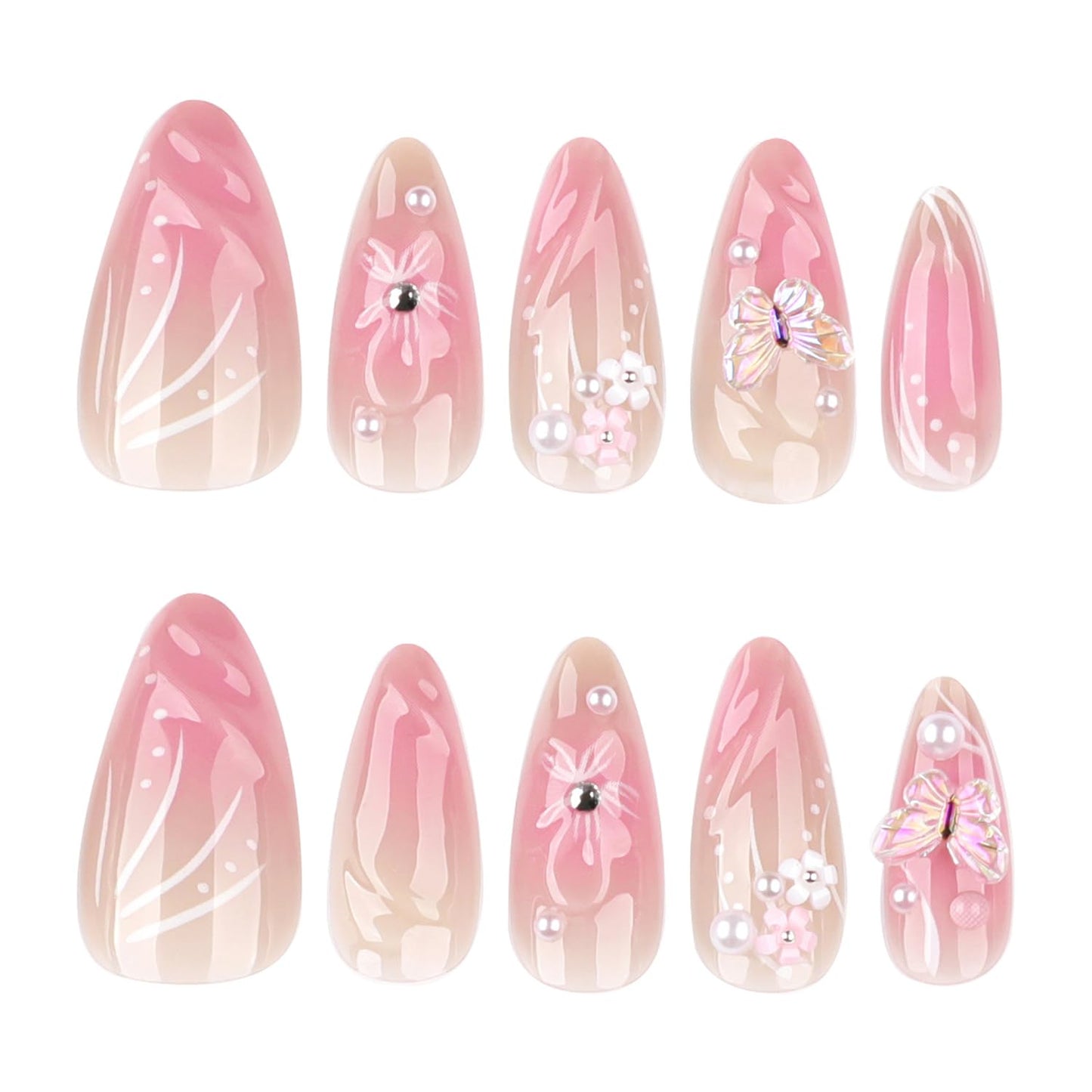 Flower Almond Press On Nails Medium Fake Nails For Spring With 3D Floral Rhinestones Design False Nail Press Ons Flossy Pink Stick On Nails Spring Summer Glue On Nails For Women Nail Supplies
