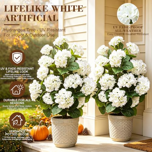 White Faux Hydrangea Tree Set - 2 Pcs 32 Inch Artificial Flowering Plants with Pot for Fall Decor
