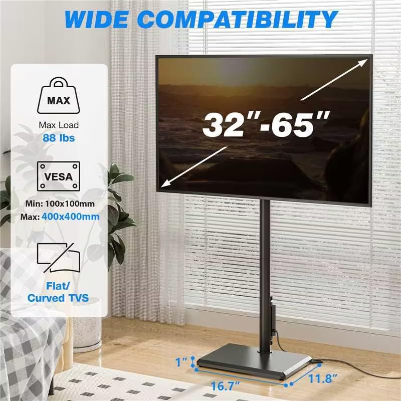 Rfiver Swivel Floor TV Stand with Power Outlet - Black / Basic, Fits 32-65 Inch TVs