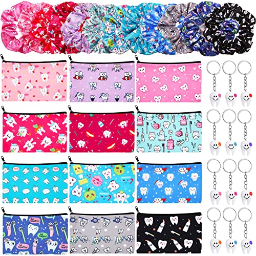 Dental Tooth Makeup Bag Set with Hair Scrunchies & Keychains - 36 Pcs