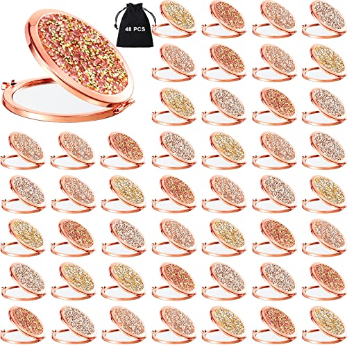 Cindeer 48 Pcs Small Compact Mirror Folding Pocket Makeup Round Hand Held Cosmetic Magnifying Compact Rhinestone Mirror with 1X/2X Magnification for Women Girls Travel (Classic Colors)