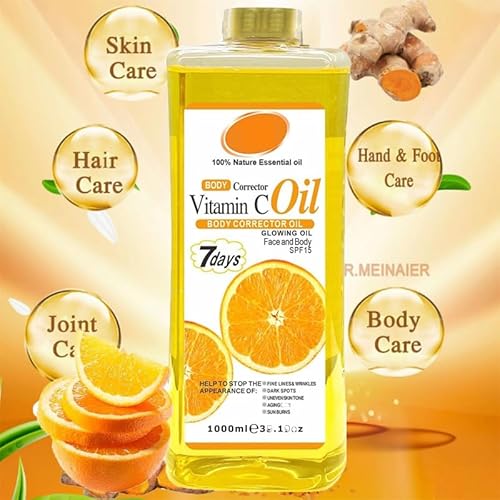 Vitamin C Body Oil, 1000ml Tumeric Body Oil, Retinol Vitamin C 7days, Vit C Body Corrector Oil for Uneven Skin Tone (1000ML VC)