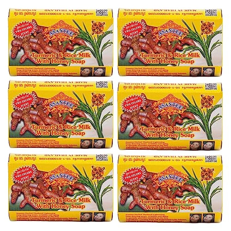 ASANTEE Rice Milk & Turmeric Soap Bar - Luxurious Body Soap for Soft, Clear, and Radiant Skin - Scent Long-Lasting (Pack of 6)