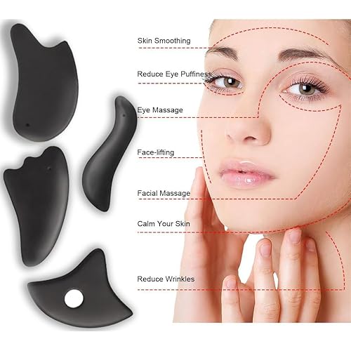 Gua Sha Facial Tools Set of 4 - Premium Bian Stone for Face & Body: Glowing Massage, Daily Skincare Routine, Age-Rewinding, Face Lifting & Slimming Beauty Kit for Woman Man(Black)