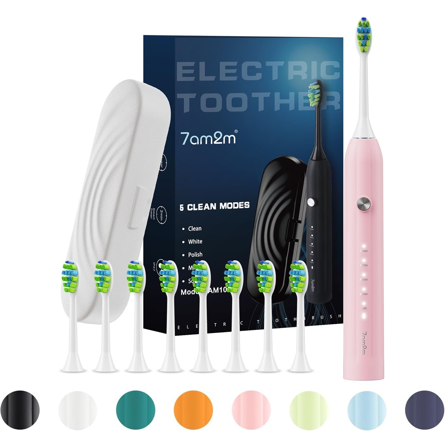 7AM2M Sonic Electric Toothbrush for Adults and Kids, with 8 Brush Heads and Travel Case,5 Modes with 2 Minutes Build in Smart Timer, One Charge Use for 90 Days, Rechargeable Toothbrushes(Pink)