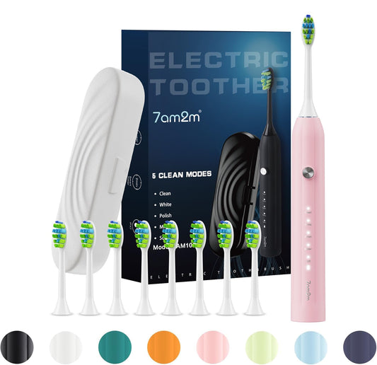 7AM2M Sonic Electric Toothbrush for Adults and Kids, with 8 Brush Heads and Travel Case,5 Modes with 2 Minutes Build in Smart Timer, One Charge Use for 90 Days, Rechargeable Toothbrushes(Pink)