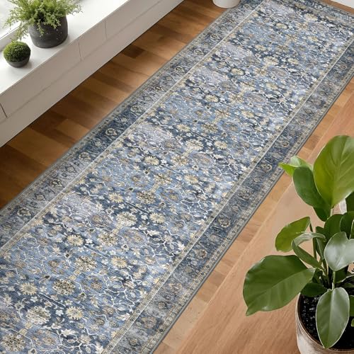 KUTA Vintage Washable Hallway Runner Rug 2.6x16 Feet Blue Grey Beige - Non-Slip, Durable, Kid & Pet Friendly