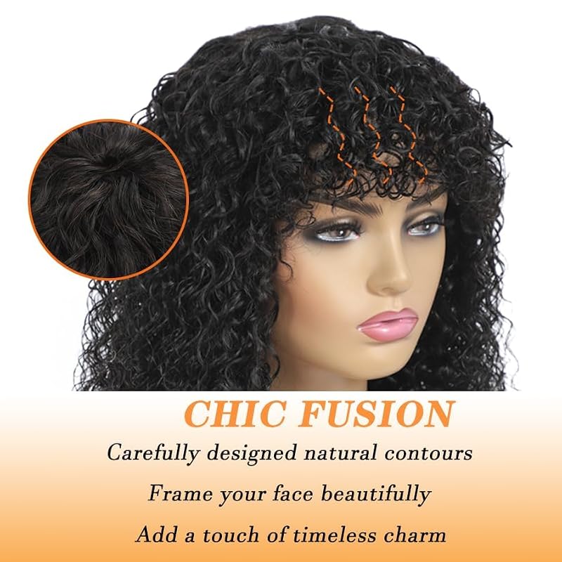 Semicaop Curly Wig human hair 12 Inch with Bangs 100% Glueless None
