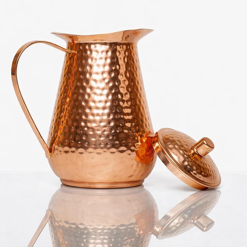 70 Ounces Bold & Divine Pure Copper Pitcher with Lid – Hammered Jug for Water & Beverages