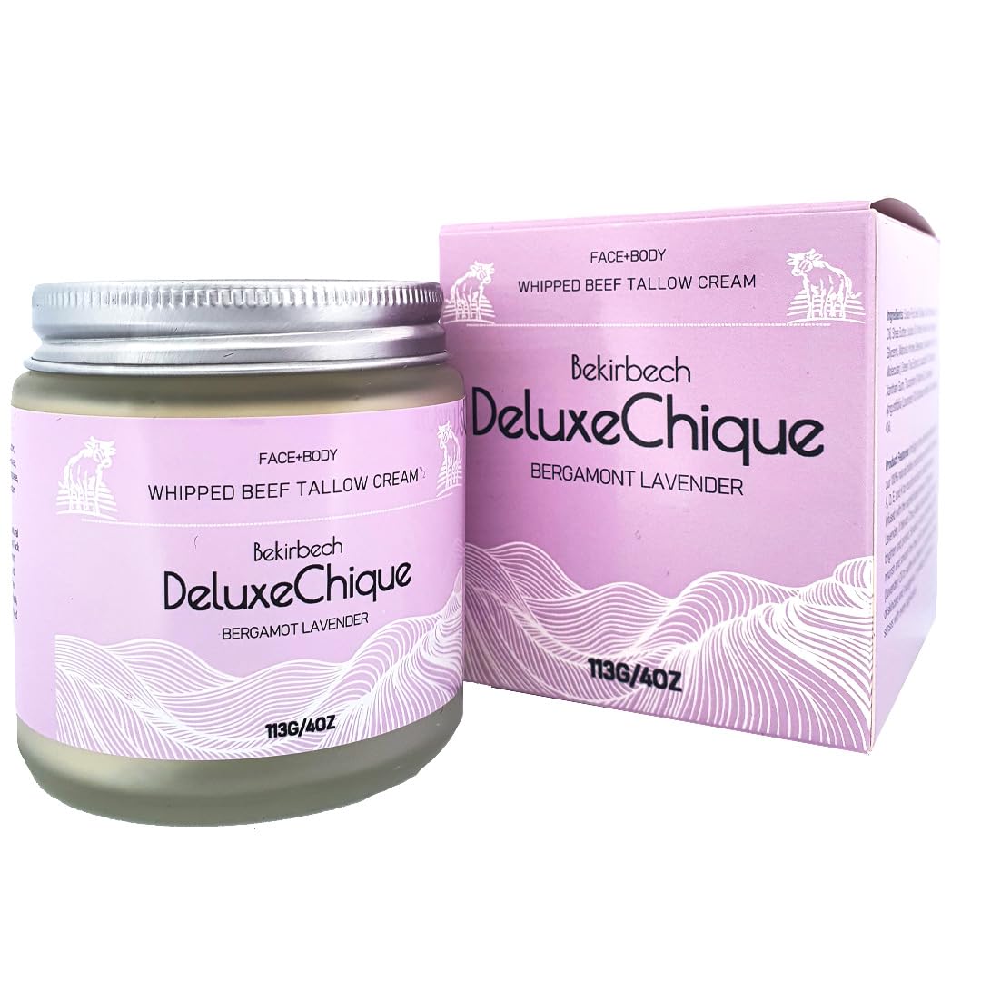 Bekirbech DeluxeChique Whipped Beef Tallow Cream – Grass-Fed Tallow Moisturizer with Hyaluronic Acid, Manuka Honey & Aloe – Lavender & Sandalwood Balm for Dry, Sensitive Skin – 4oz