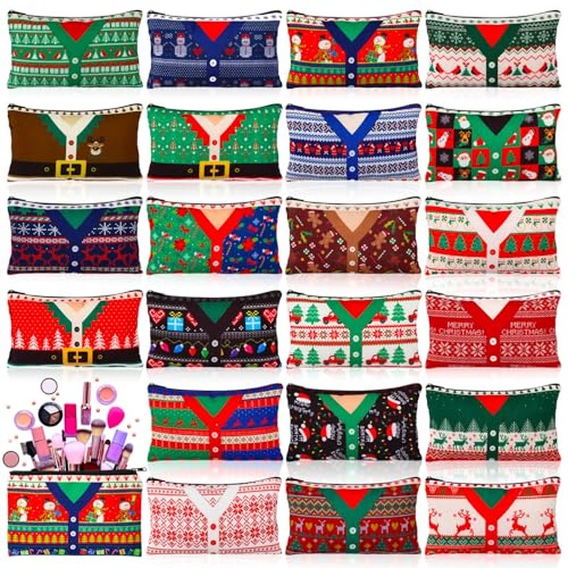 24 Pcs Christmas Makeup Bags Bulk Cosmetic Bags 7 x 4.33 Inches Zipper Portable Pouch Purses Gifts for Women Holiday Travel Xmas Party Supply(Ugly Sweater)