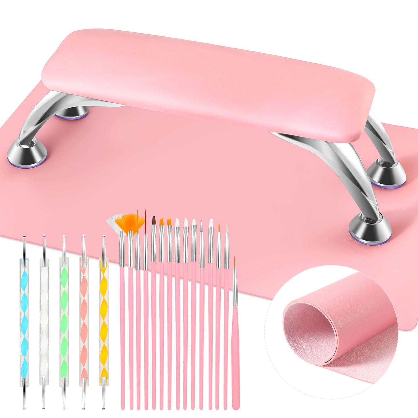 Big Arm Rest for Nails Cushion, Microfiber Leather Nail Arm Rest, Soft Hand Rest for Nails Toenails, Removable Nail Hand Rest with Installation Tools and Manicure Tools (Pink)