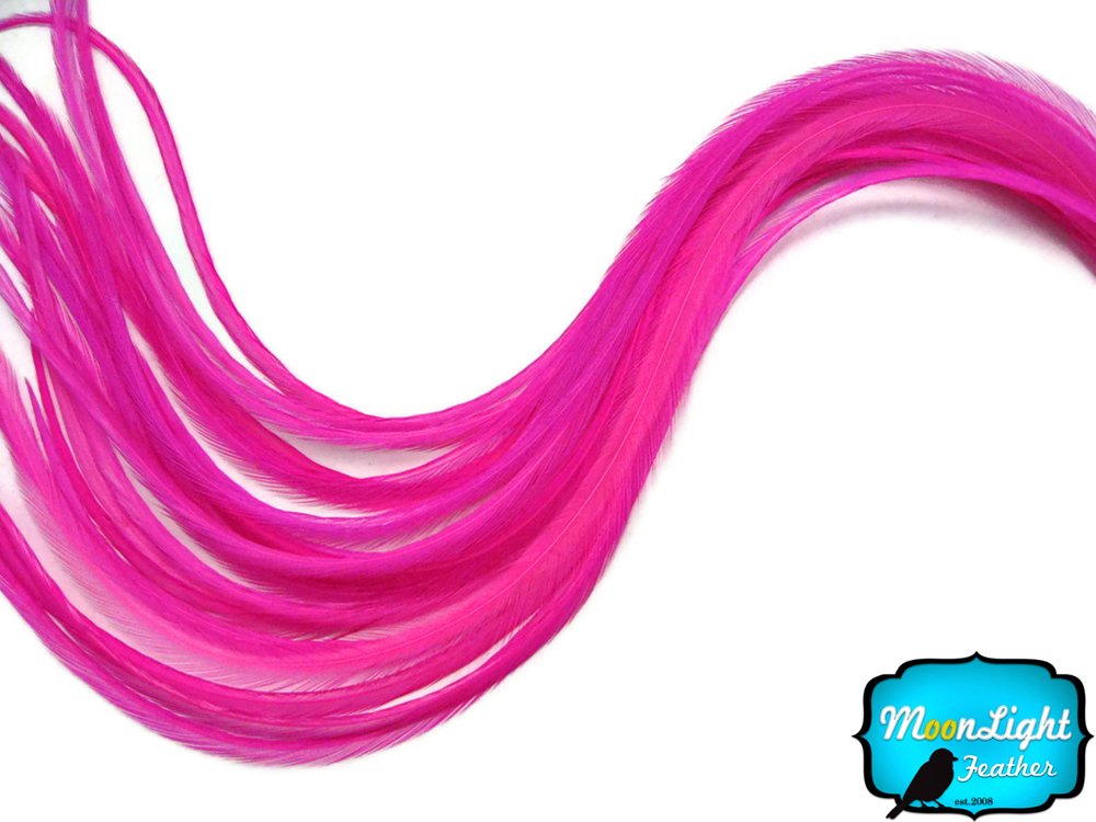 Moonlight Feather, Hair Feathers - Solid Hot Pink Thin Long Rooster Hackle Hair Extension Feathers - 10 Pieces