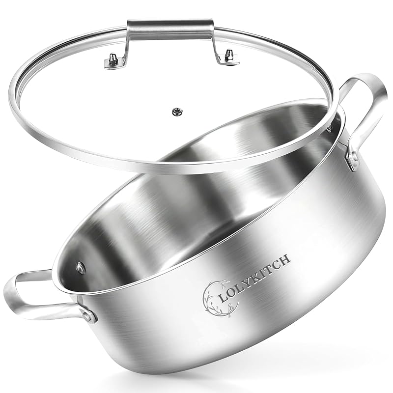 LollyKitch 8-Quart Stainless Steel Sauté Pan with Lid Tri-Ply 13 Inch - Induction Safe