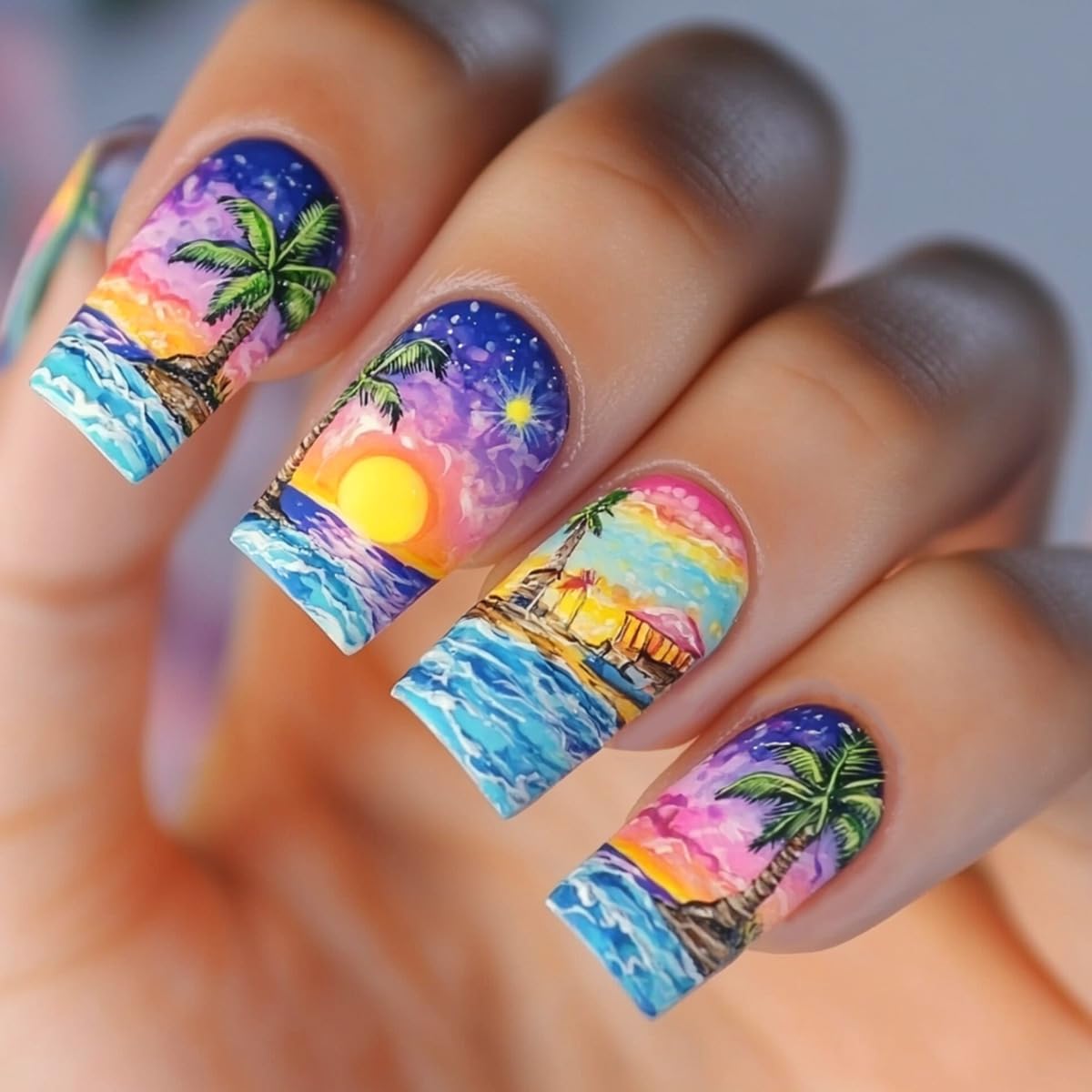 24 Pcs Summer Seaside Press on Nails Short Square,YIHONGYAN Fake Nails Press ons Colorful Sunset Coconut Tree Nail Tip Acrylic Set Glue on Nails Full Cover False Nails Glossy Stick on Nails for Women