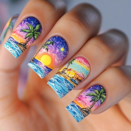 24 Pcs Summer Seaside Press on Nails Short Square,YIHONGYAN Fake Nails Press ons Colorful Sunset Coconut Tree Nail Tip Acrylic Set Glue on Nails Full Cover False Nails Glossy Stick on Nails for Women