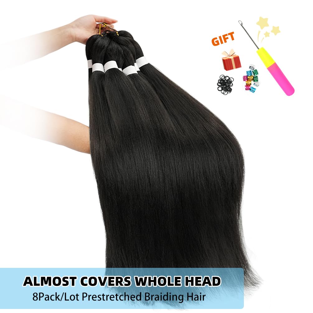 Pre Stretched Braiding Hair 16 Inch 8 Packs Synthetic Braiding Hair Extensions Hot Water Setting Braiding Hair For Black Women Yaki Crochet Twist Braids Itch Free (16 Inch 1B)