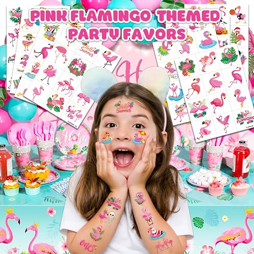 96 PCS Funny Cute Flamingo Summer Hawaiian Luau Pre-Cut Temporary Tattoos for Kids | Super Cute Themed Birthday Party Favors, Supplies, Decorations, Fake Tattoos, Rewards Gifts Boys Girls