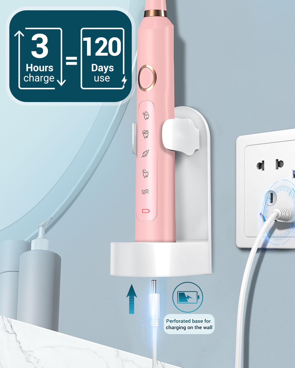 Rtauys M5 Sonic Electric Toothbrush for Adults and Kids - Rechargeable Electric Toothbrush Kids Ages 12+ and Adults with 8 Brush Heads & Travel Case, 120 Days Battery Life - Pink