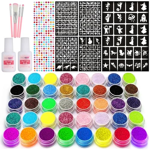 40 Colour - Glitter Tattoos for kids, Glitter tattoo kit, Temporary Tattoos for kids, Face glitter, 200+ Stencils, 40 Colour (10 neon), Rhinestones, Girls birthday present, Face Glitters