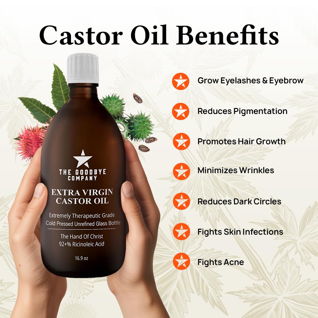 Castor Oil USDA Certified Organic Glass Bottle Pure Cold-Pressed (500 ml) 100% Natural Virgin Castor Oil Unrefined Moisturise Skin Hair Growth Eyelashes, Hexane & BPA Free 16.90 Ounces