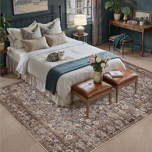 Vintage Floral Washable Area Rug - 6x9 Brown and Blue Living Room Carpet - Non-Slip, Pet-Friendly