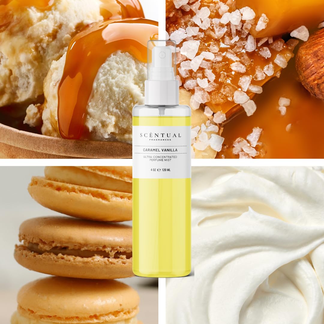 Scentual Fragrances, Ultra-Concentrated Hair & Body Perfume Mist, Long Lasting Women's Fragrance, Gourmand Perfumes for Women, Vegan and Cruelty Free (Caramel Vanilla)