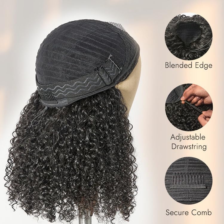 Moxuan Afro Curly 20in Half Wig - Glueless 3-in-1 Drawstring Clip-in Headband, Natural Black
