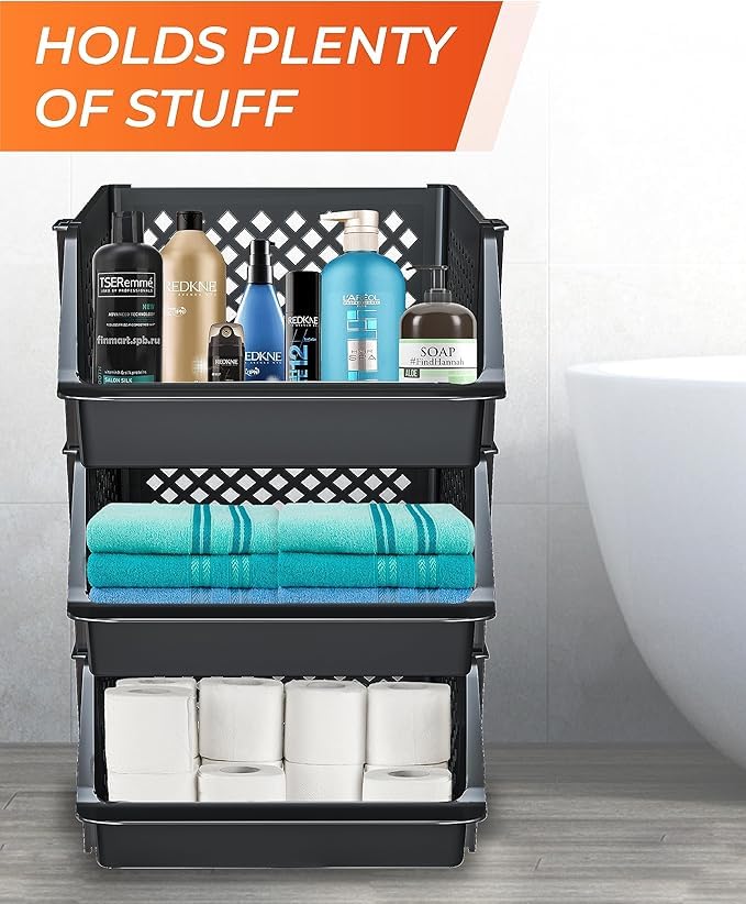 Black Stackable Storage Bins Open Front 6 Pack for Pantry Closet Organization - Skywin