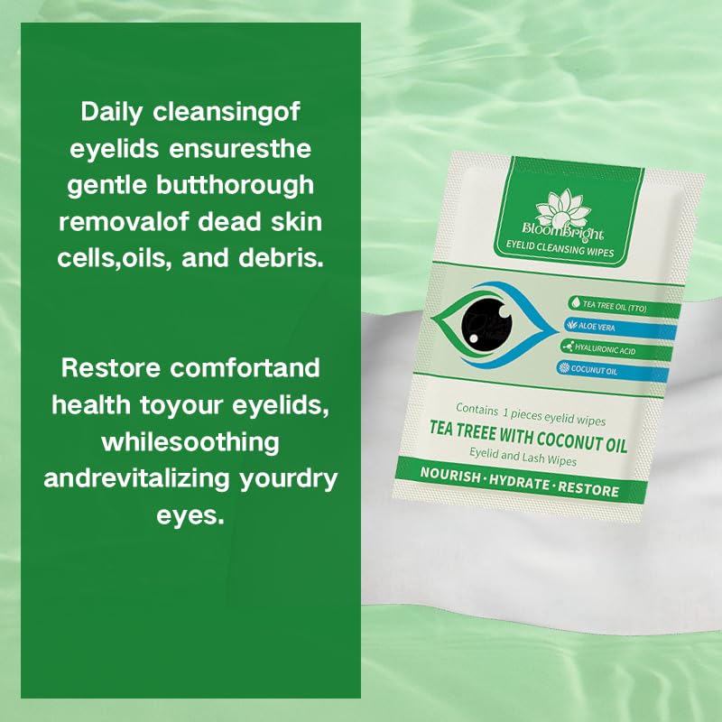 60 Pcs Tea Tree Oil Eyelid Cleansing Lash Wipes with Coconut Hyaluronic Acid Green Tea Chamomile Aloe Vera Itchy Stye Eyes Relief Natural Individually Wrapped Makeup Remover Daily Cleanser