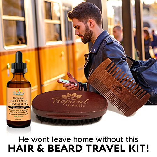 Men's Natural Beard Grooming Kit with Oil, Boar Bristle Brush & Comb – Travel Set