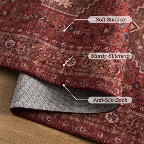 Dark Red 5x7 Washable Area Rug - Oriental Non Slip Living Room Carpet