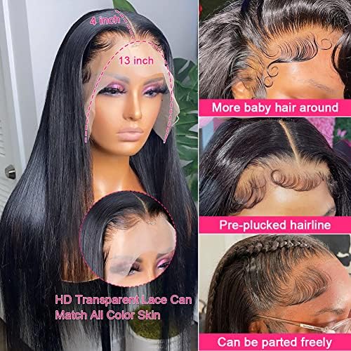 26 Inch Lace Front Wig Human Hair 13x4 Frontal Pre Plucked Bleached Knots Glueless Natural Color