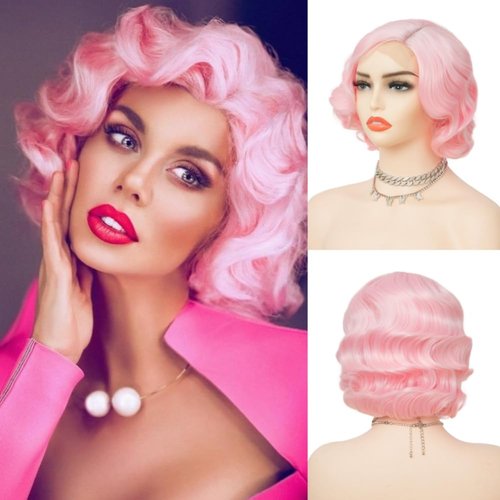 Salaibs Pink Finger Wave Wigs for Women 1920s Wig Synthetic Heat Resistant Wigs Lace Front Cosplay Halloween Wig
