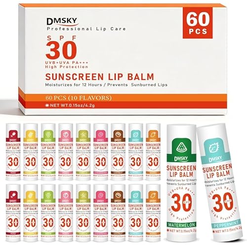 DMSKY SPF 30 Sunscreen lip balm 60 Pack, SPF Lip Balm Bulk, Broad Spectrum UVA/UVB Protection, Bulk Lip Sunscreen for Dry Cracked Lips-10 Flavors