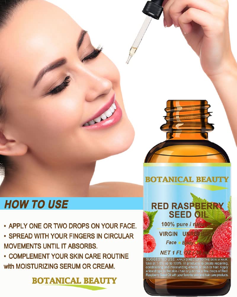 Botanical Beauty RED RASPBERRY SEED OIL 100% Pure Natural Virgin Unrefined Undiluted Cold Pressed Carrier Oil for Face, Skin, Hair, Body, Nails. Rich in Vitamin C, Vitamin E (4 Fl Oz)