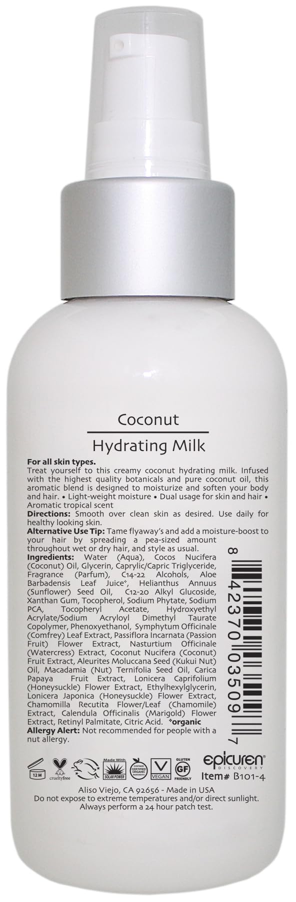 Coconut Hydrating Body Oil for Hair & Skin - Epicuren Discovery 4 oz