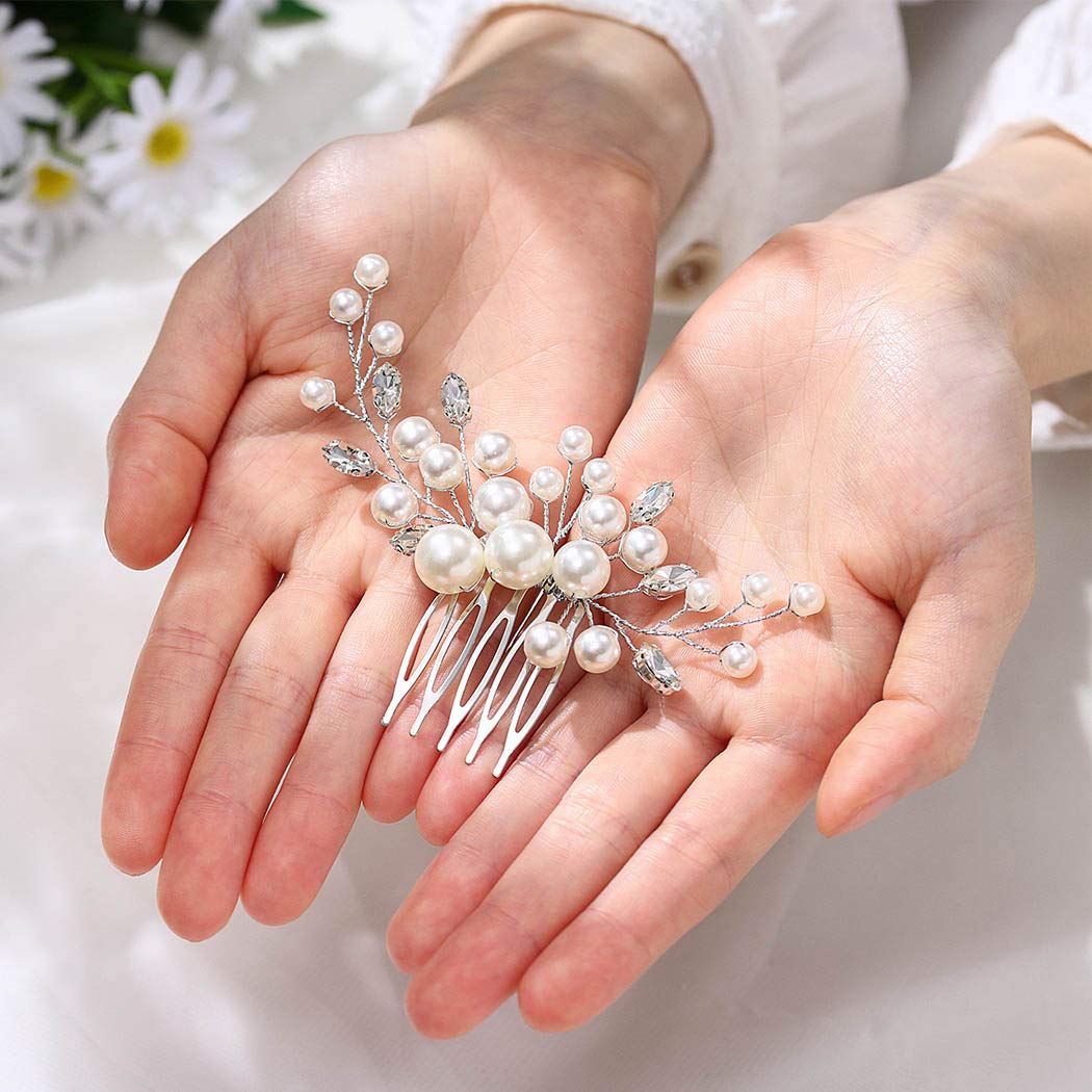 Latious Wedding Bride Pearl Hair Side Comb Silver Rhinestone Bridal Hair Clips Crystal Hair Pieces Hair Accessories for Women and Girls (Silver)