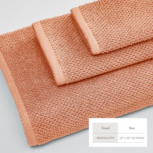 Great Bay Home 100% Cotton 12-Pack 13x13 Wash Cloth - Absorbent, Quick-Drying, Durable Face Towels for Bathroom Decor - Low-Twist, Two-Ply Fibers (Dusty Rose)