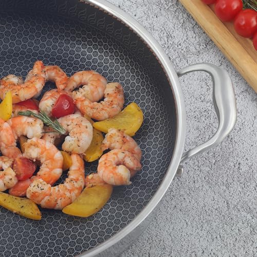 8QT Stainless Steel Nonstick Wok with Lid & Double Handles - Hex Design